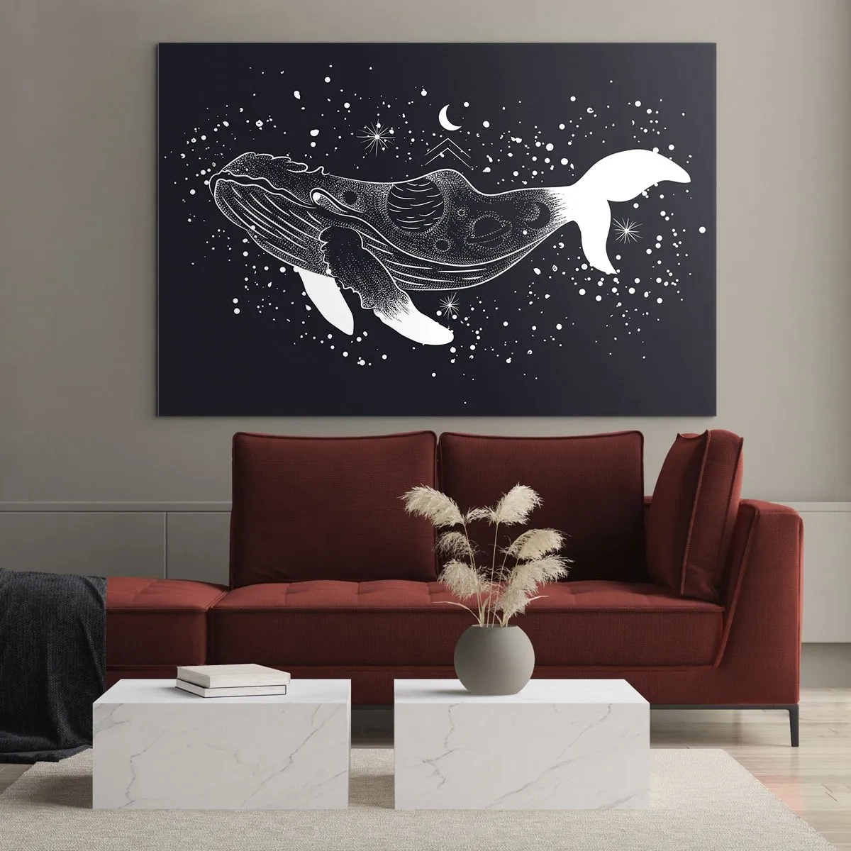 Obraz na skle - Grafická biela silueta veľryby vznášajúcej sa vo vesmíre - 70x50cm - V oceáne vesmíru - Moderná nástenná dekorácia do obývacej izby a spálne ARTTOR