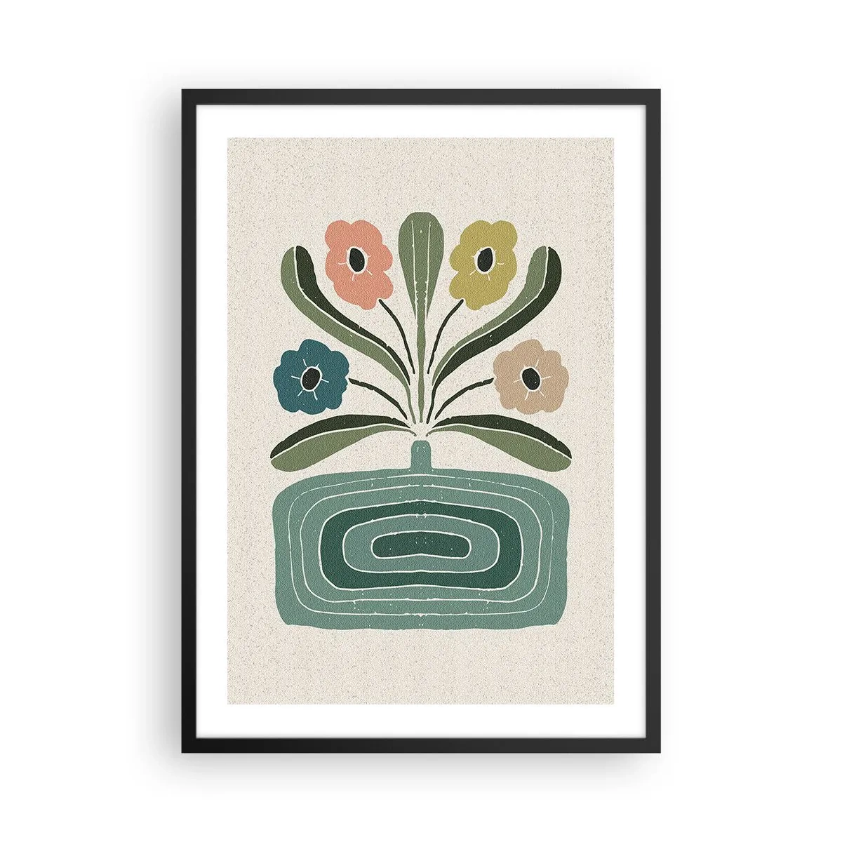 Plagát v čiernom ráme - Štylizované kvety v grafickej kompozícii - 50x70cm - Symetrická kytica - Moderná nástenná dekorácia do obývacej izby a spálne ARTTOR