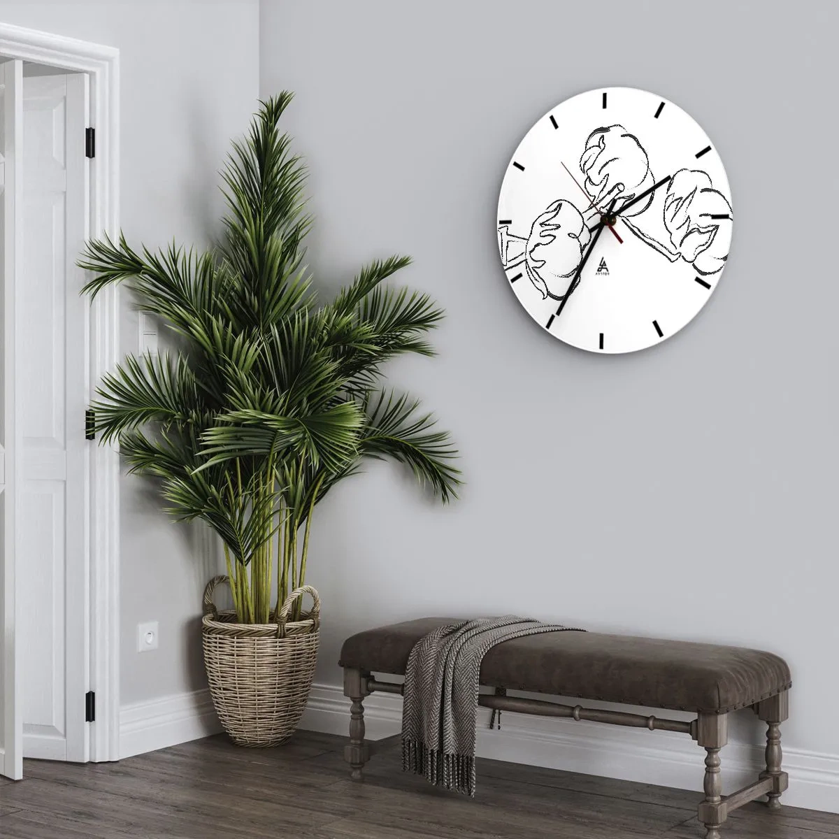 Nástenné hodiny - Čiernobiela skica bavlníkovej vetvy na bielom pozadí - 30x30cm - Bavlnené páperie - Moderná nástenná dekorácia do obývacej izby, kuchyne a spálne ARTTOR