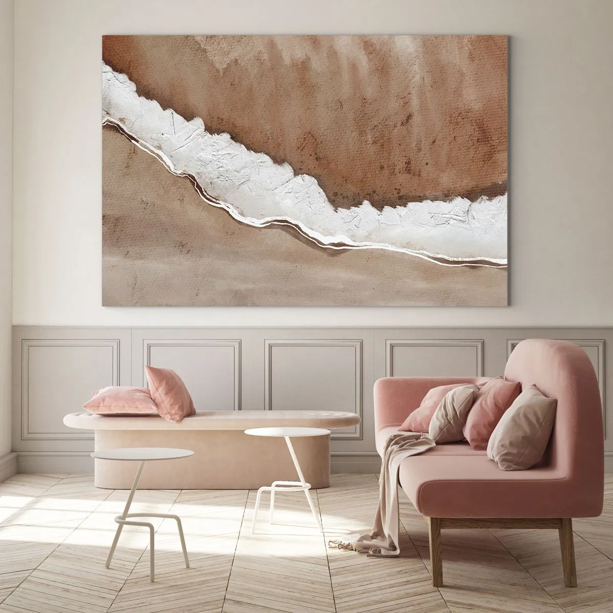 Obraz na skle - Umelecká štruktúra v zemitých tónoch a bielej - 70x50cm - V zemitých farbách - Moderná nástenná dekorácia do obývacej izby a spálne ARTTOR