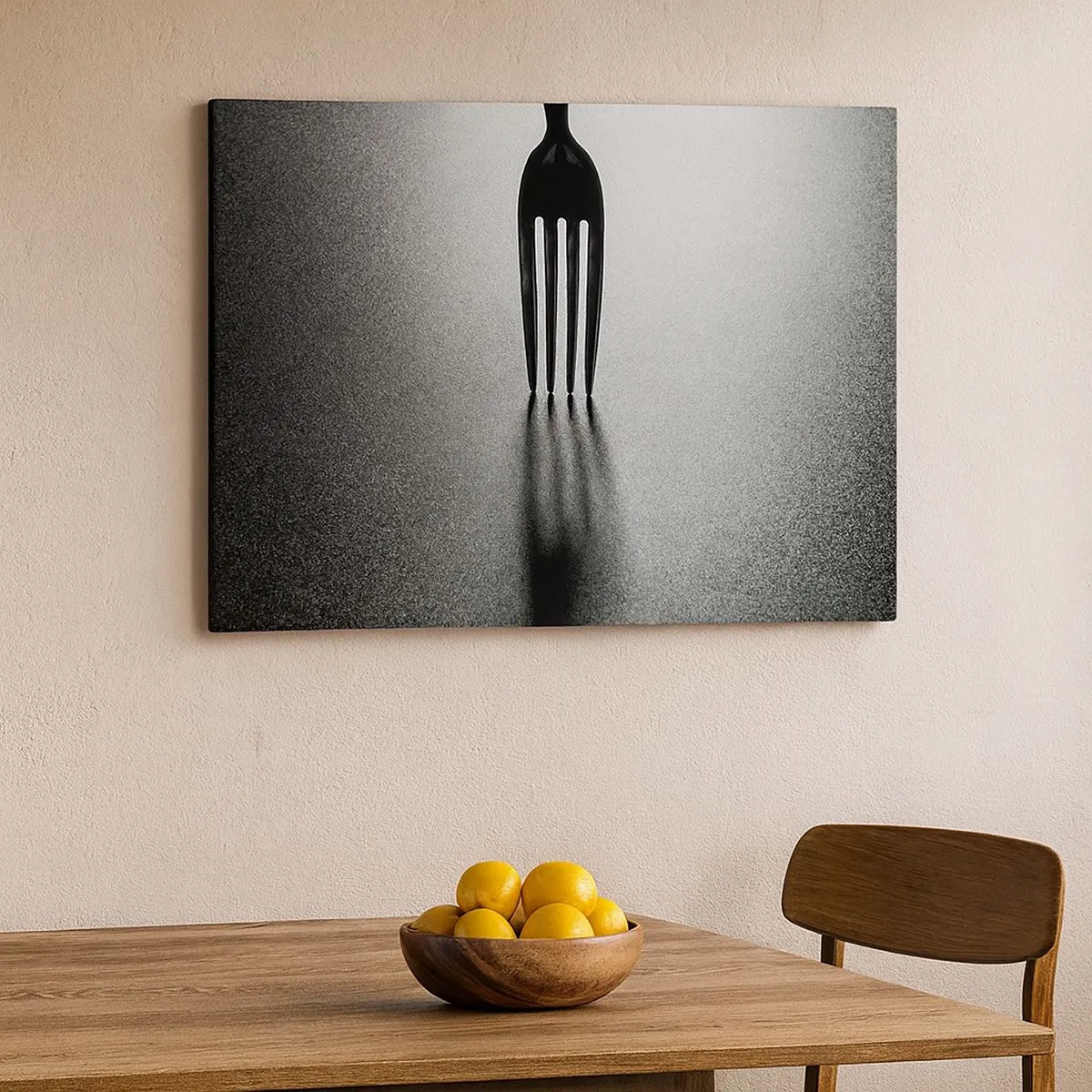 Obraz na plátne - Minimalistické spracovanie vidličky v čiernobielej farbe s hrou tieňov. - 70x50cm - Svetlo a tieň - Moderná nástenná dekorácia do obývacej izby a spálne ARTTOR