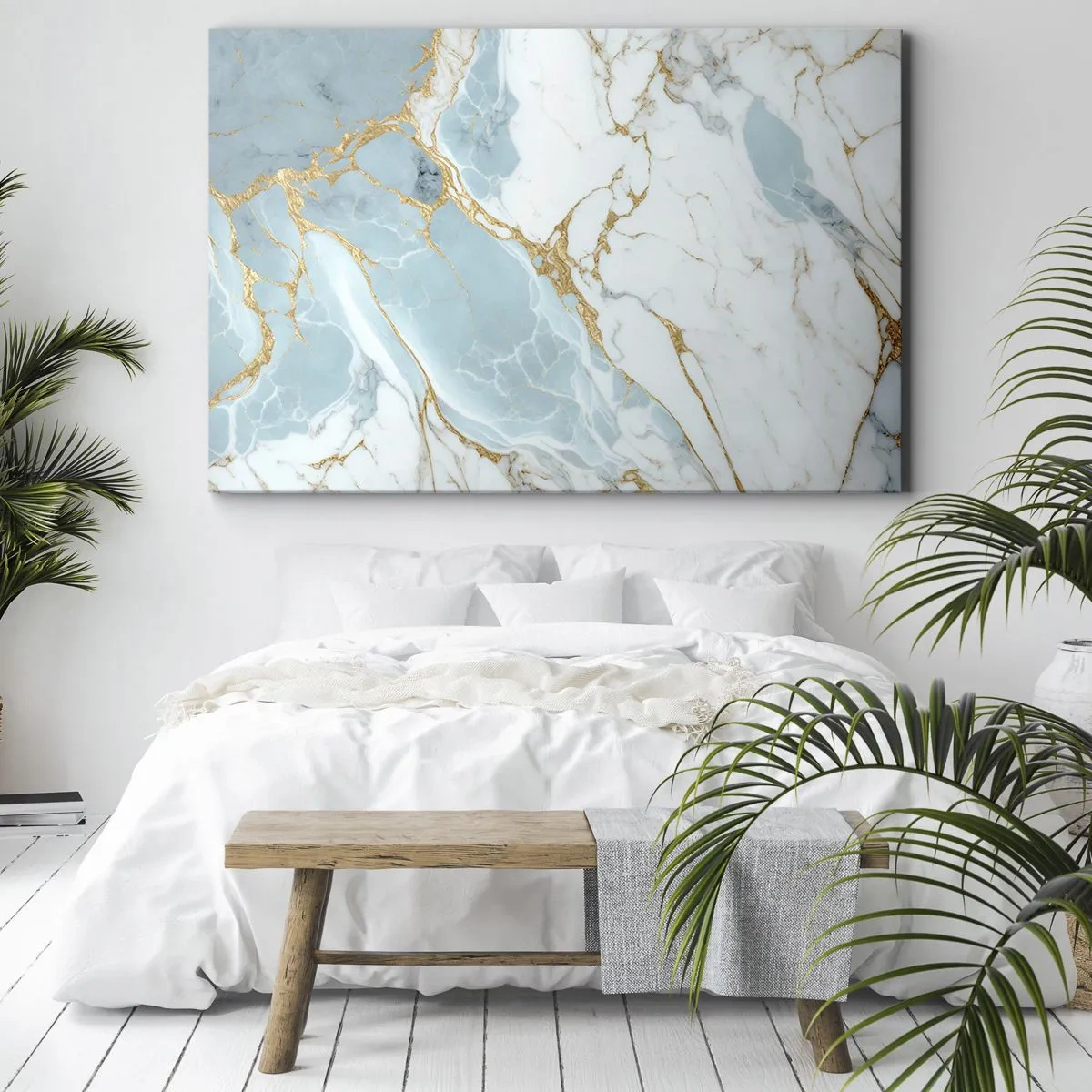Obraz na plátne - Modré a biele mramorové vzory s pridanými zlatými žilami - 70x50cm - Bohatstvo kameňa - Moderná nástenná dekorácia do obývacej izby a spálne ARTTOR