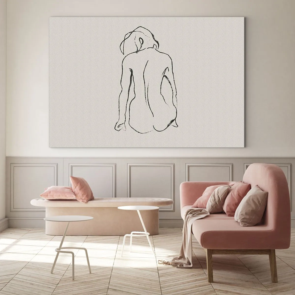 Obraz na skle - Jemná skica sediacej ženy, nakreslená čiernou farbou na svetlom pozadí. - 70x50cm - Dievčenský akt - Moderná nástenná dekorácia do obývacej izby a spálne ARTTOR