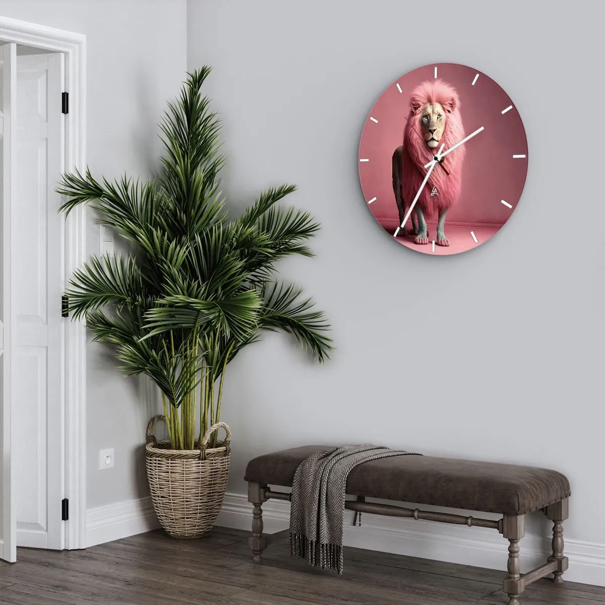 Nástenné hodiny - Lev s intenzívne ružovou hrivou na pozadí rovnakej farby - 30x30cm - A už sa nebojíš - Moderná nástenná dekorácia do obývacej izby, kuchyne a spálne ARTTOR