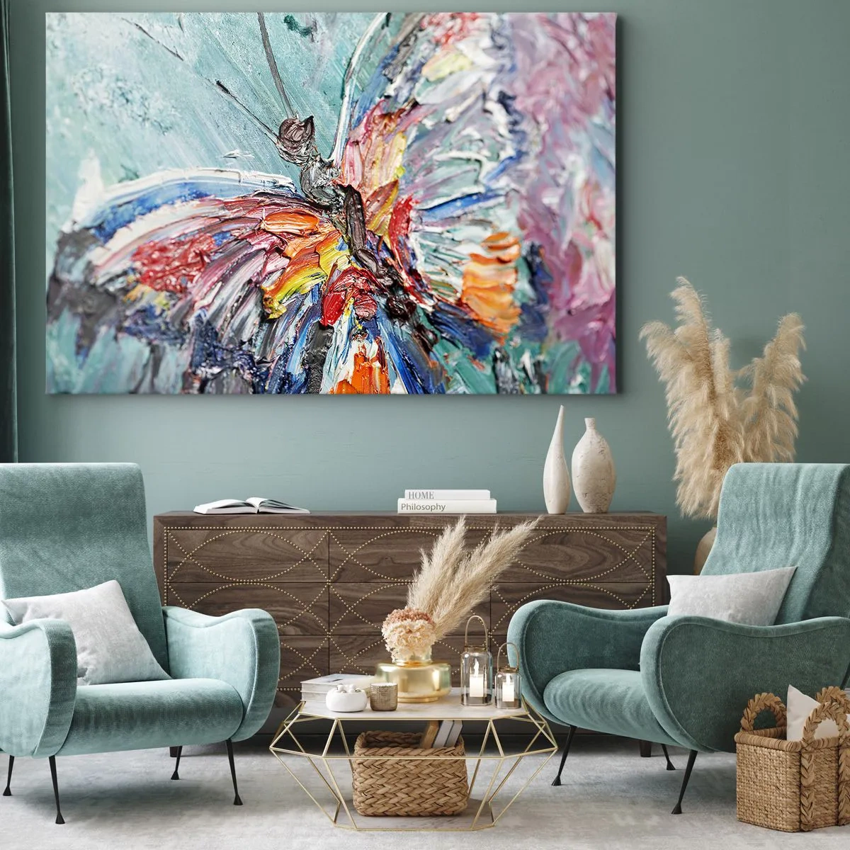 Obraz na plátne - Farebný impasto motýľ na pastelovom pozadí - 70x50cm - Namaľovaný prírodou - Moderná nástenná dekorácia do obývacej izby a spálne ARTTOR