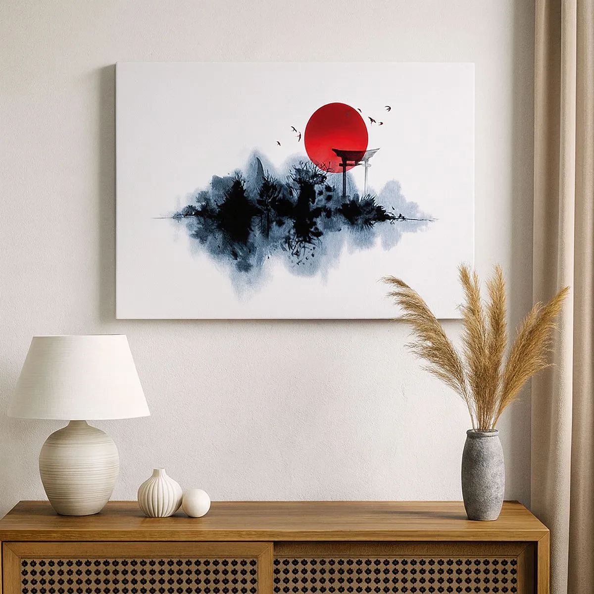 Obraz na plátne - Červené slnko nad malebnou krajinou s torii - 70x50cm - Japonský pohľad - Moderná nástenná dekorácia do obývacej izby a spálne ARTTOR