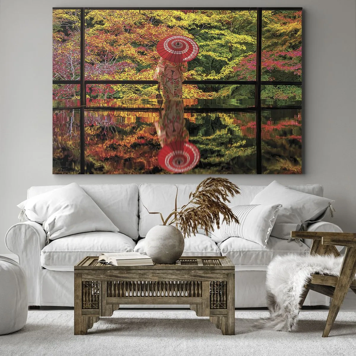 Obraz na plátne - Žena v kimone s dáždnikom na pozadí jesennej krajiny. - 70x50cm - V chráme prírody - Moderná nástenná dekorácia do obývacej izby a spálne ARTTOR