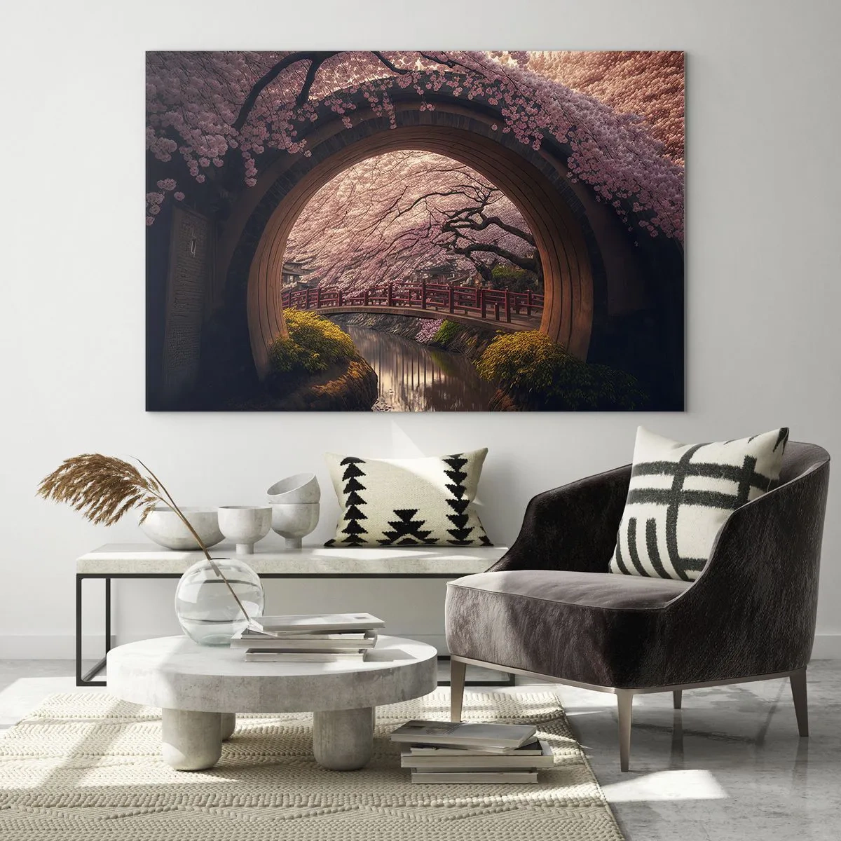 Obraz na skle - Čerešňové kvety a japonský most cez okrúhlu bránu - 70x50cm - Japonská jar - Moderná nástenná dekorácia do obývacej izby a spálne ARTTOR