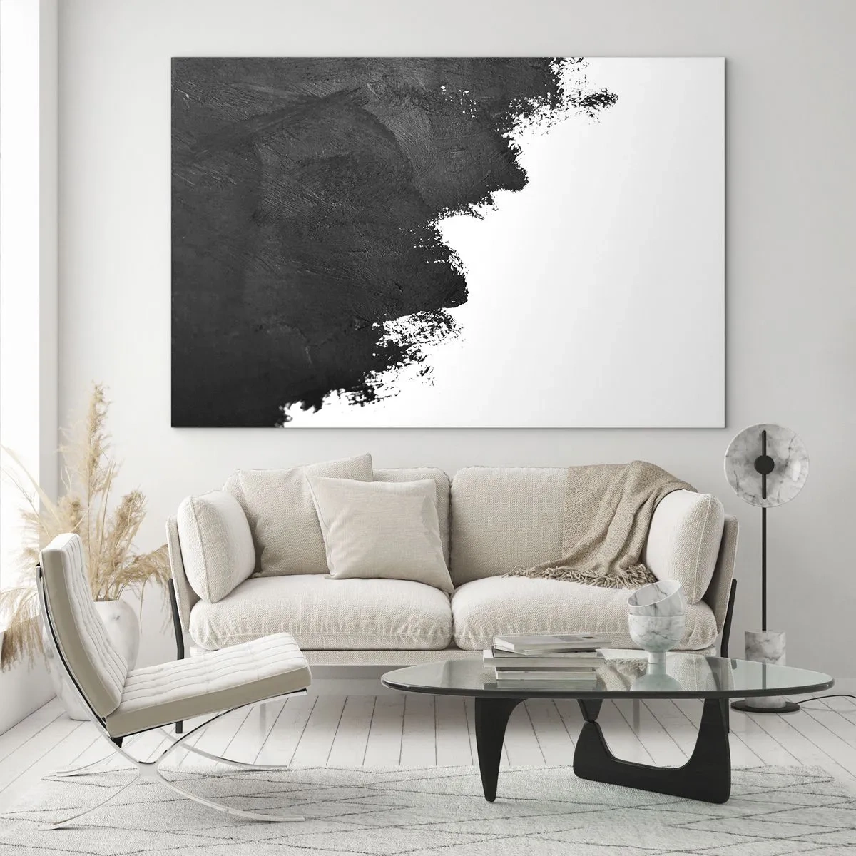 Obraz na skle - Textúra čiernej farby na bielom pozadí v minimalistickom štýle - 70x50cm - Živly: zem - Moderná nástenná dekorácia do obývacej izby a spálne ARTTOR
