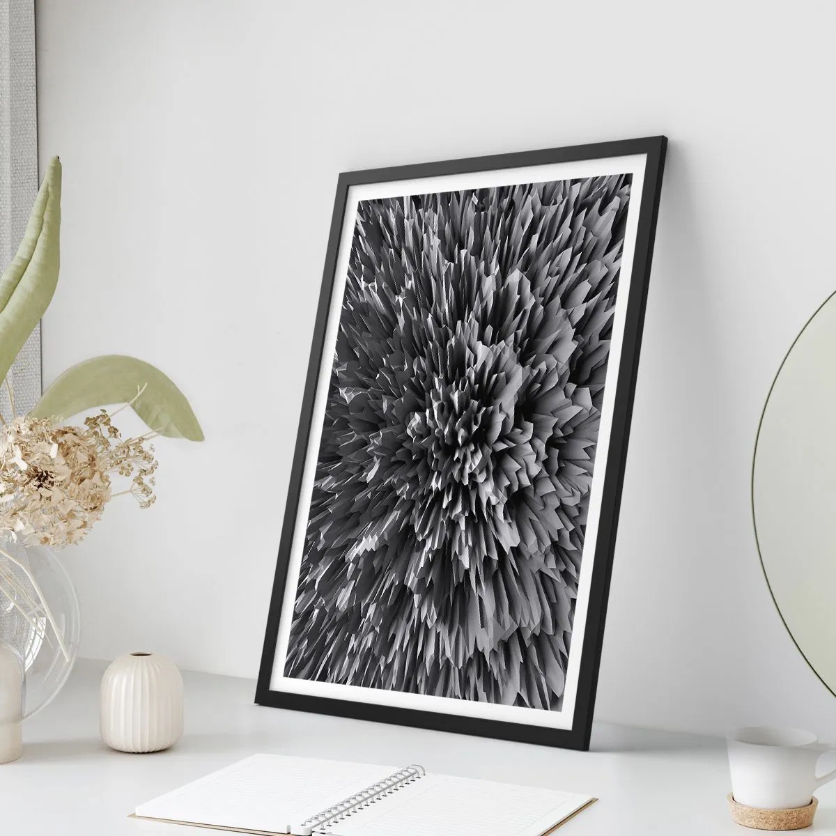 Plagát v čiernom ráme - Čiernobiela abstraktná kompozícia s geometrickými tvarmi - 50x70cm - Ostrejšie to už nebude - Moderná nástenná dekorácia do obývacej izby a spálne ARTTOR