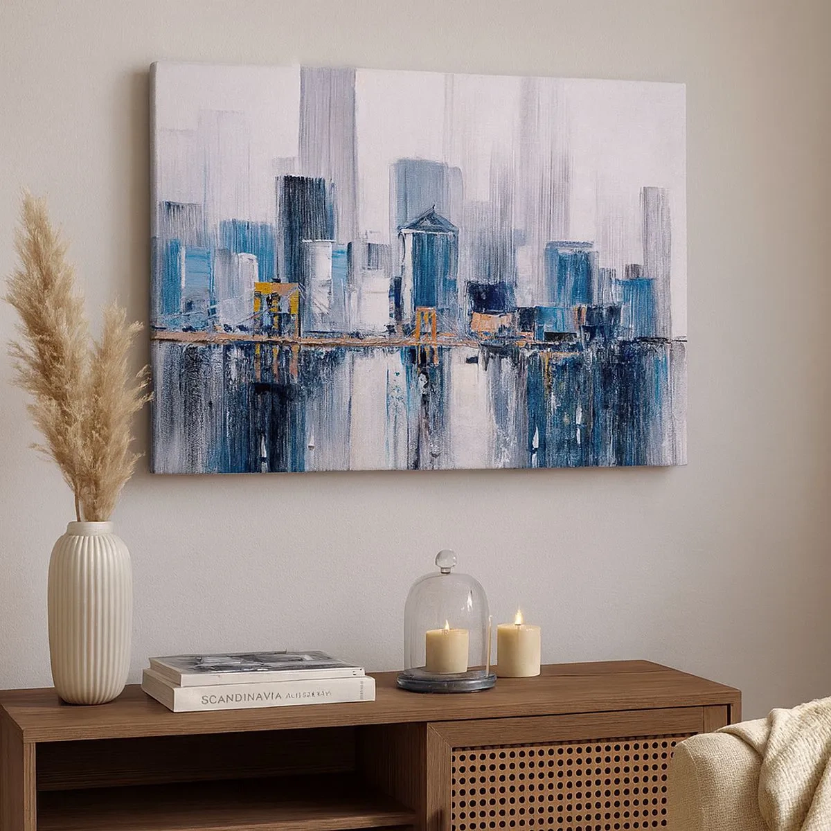 Obraz na plátne - Abstraktná panoráma mesta s odtieňmi modrej a žltej - 70x50cm - Newyorská impresia - Moderná nástenná dekorácia do obývacej izby a spálne ARTTOR