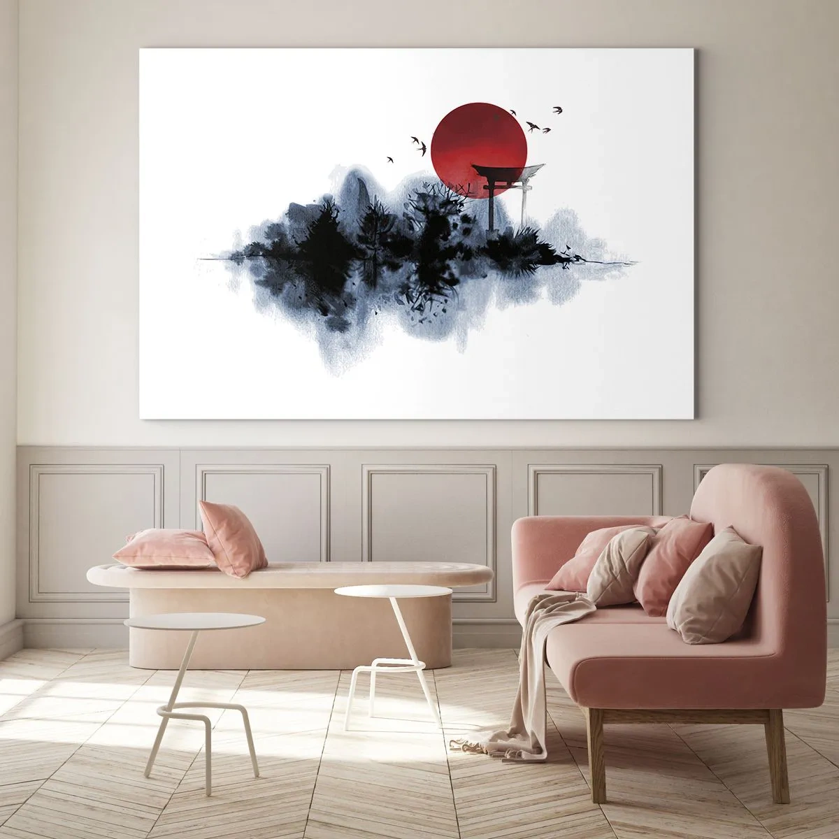 Obraz na skle - Minimalistická krajina s bránou torii a červeným slnkom. - 70x50cm - Japonský pohľad - Moderná nástenná dekorácia do obývacej izby a spálne ARTTOR