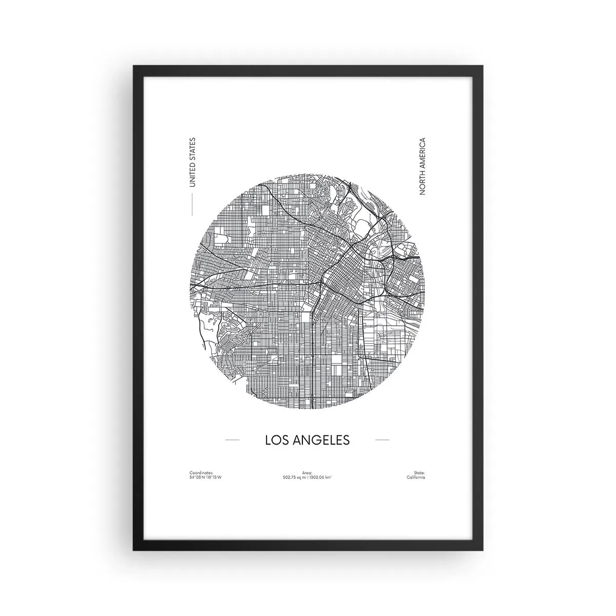 Plagát v čiernom ráme - Minimalistická mapa Los Angeles v čiernobielej farbe. - 50x70cm - Anatómia Los Angelesu - Moderná nástenná dekorácia do obývacej izby a spálne ARTTOR