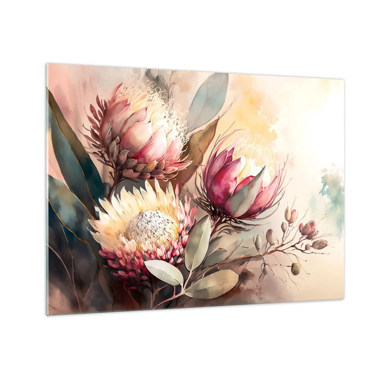 Obraz na skle - Kvety protey v pastelových farbách na umeleckom pozadí - 70x50cm - Z profilu a en face - Moderná nástenná dekorácia do obývacej izby a spálne ARTTOR