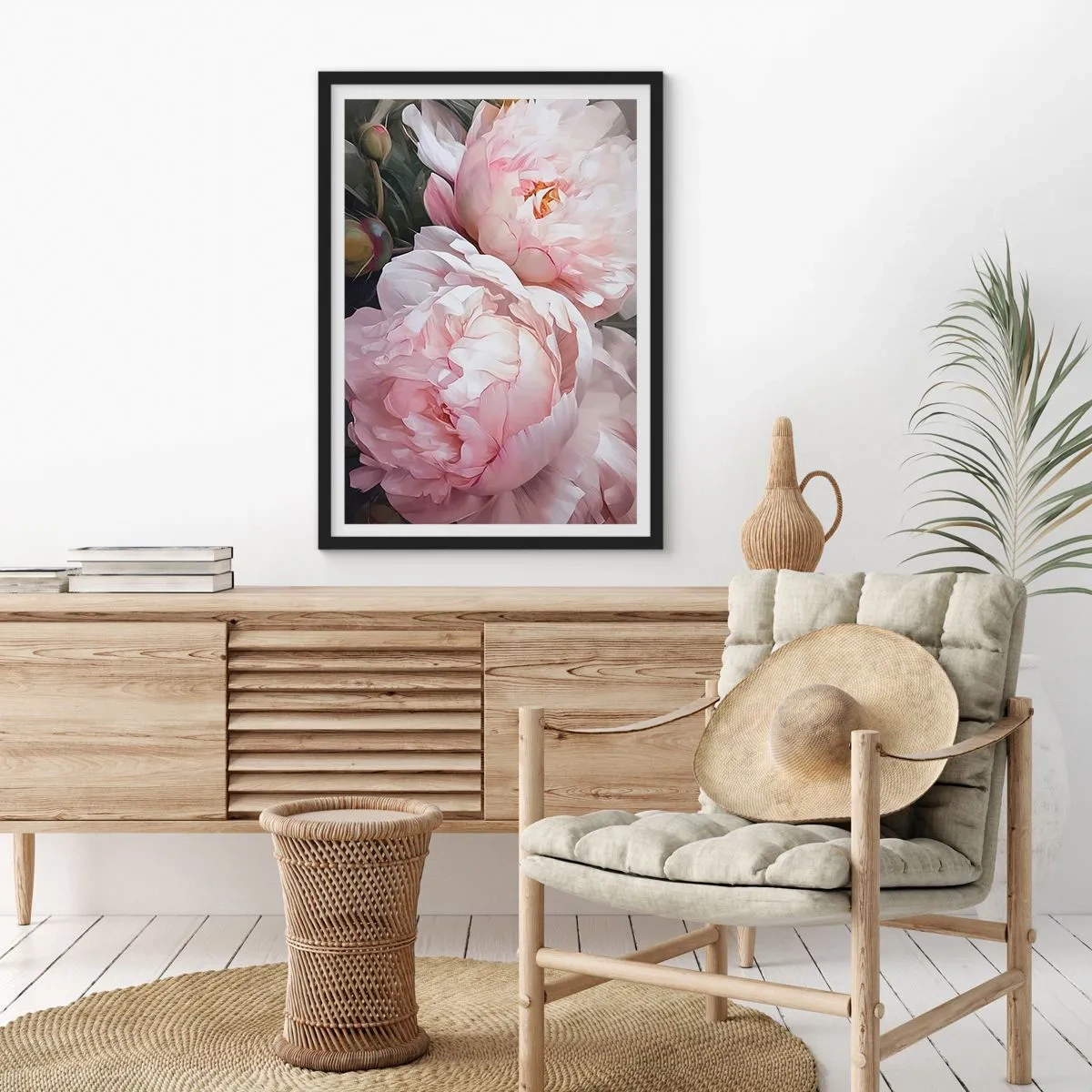 Plagát v čiernom ráme - Jemné pivonky v pastelových odtieňoch ružovej a bielej - 50x70cm - Uchytené v rozkvete - Moderná nástenná dekorácia do obývacej izby a spálne ARTTOR