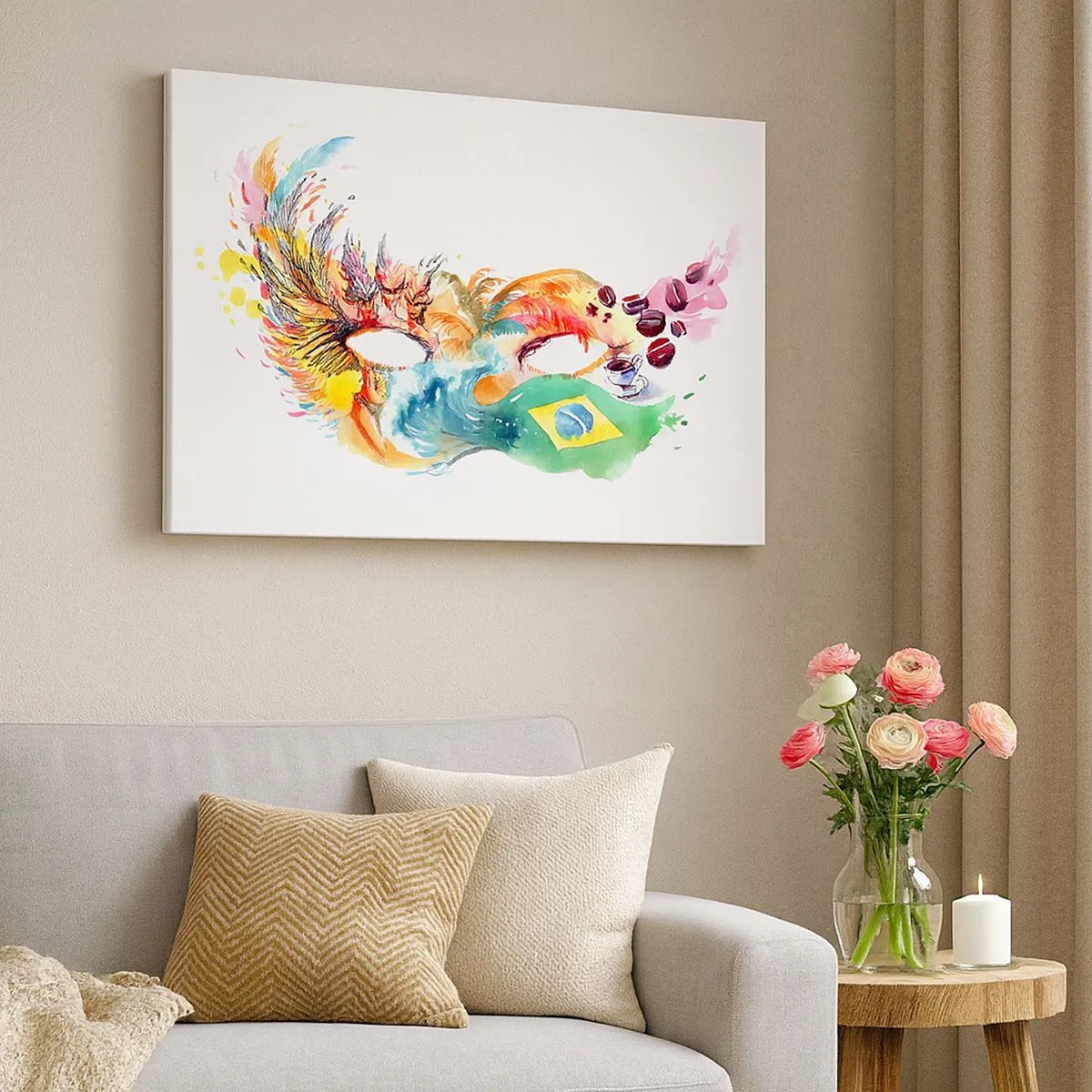 Obraz na plátne - Farebná akvarelová maska inšpirovaná Brazíliou - 70x50cm - Brazília víta sambou - Moderná nástenná dekorácia do obývacej izby a spálne ARTTOR