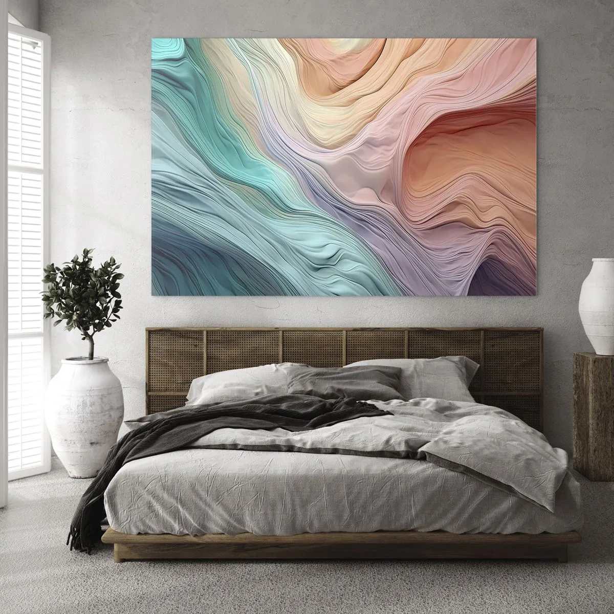 Obraz na skle - Farebná abstrakcia pripomínajúca vlny a skaly - 70x50cm - Dúhová vlna - Moderná nástenná dekorácia do obývacej izby a spálne ARTTOR