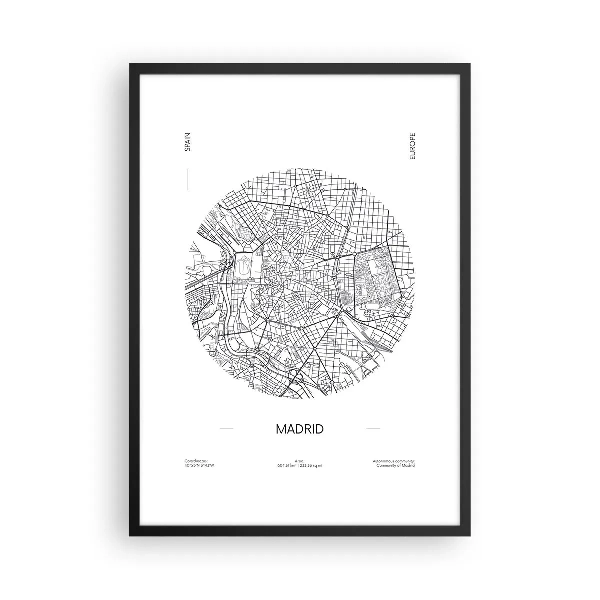 Plagát v čiernom ráme - Minimalistická mapa Madridu v čiernobielej farbe. - 50x70cm - Anatómia Madridu - Moderná nástenná dekorácia do obývacej izby a spálne ARTTOR