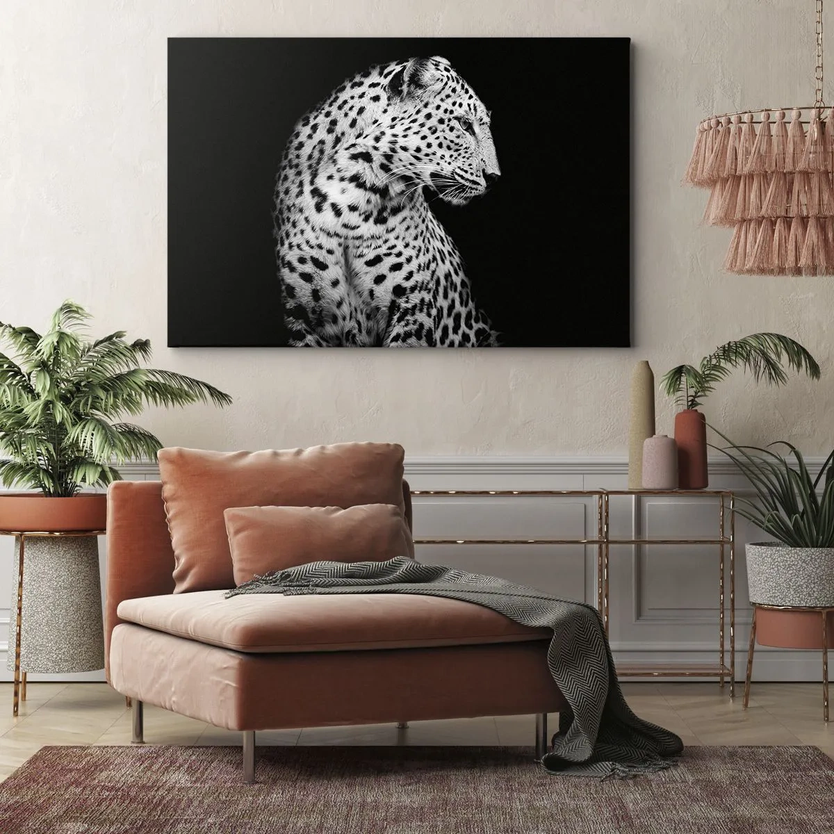 Obraz na plátne - Čiernobiely obrázok leoparda na čiernom pozadí - 70x50cm - Pravý profil perfektný! - Moderná nástenná dekorácia do obývacej izby a spálne ARTTOR