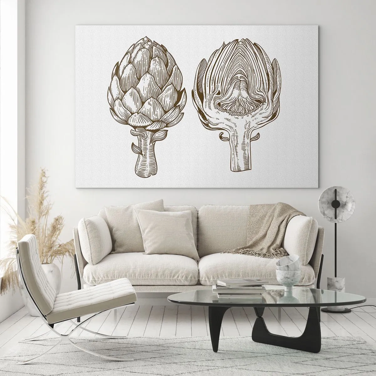 Obraz na skle - Botanická kresba artičoky v celku a v priečnom reze - 70x50cm - Hodiny anatómie - Moderná nástenná dekorácia do obývacej izby a spálne ARTTOR
