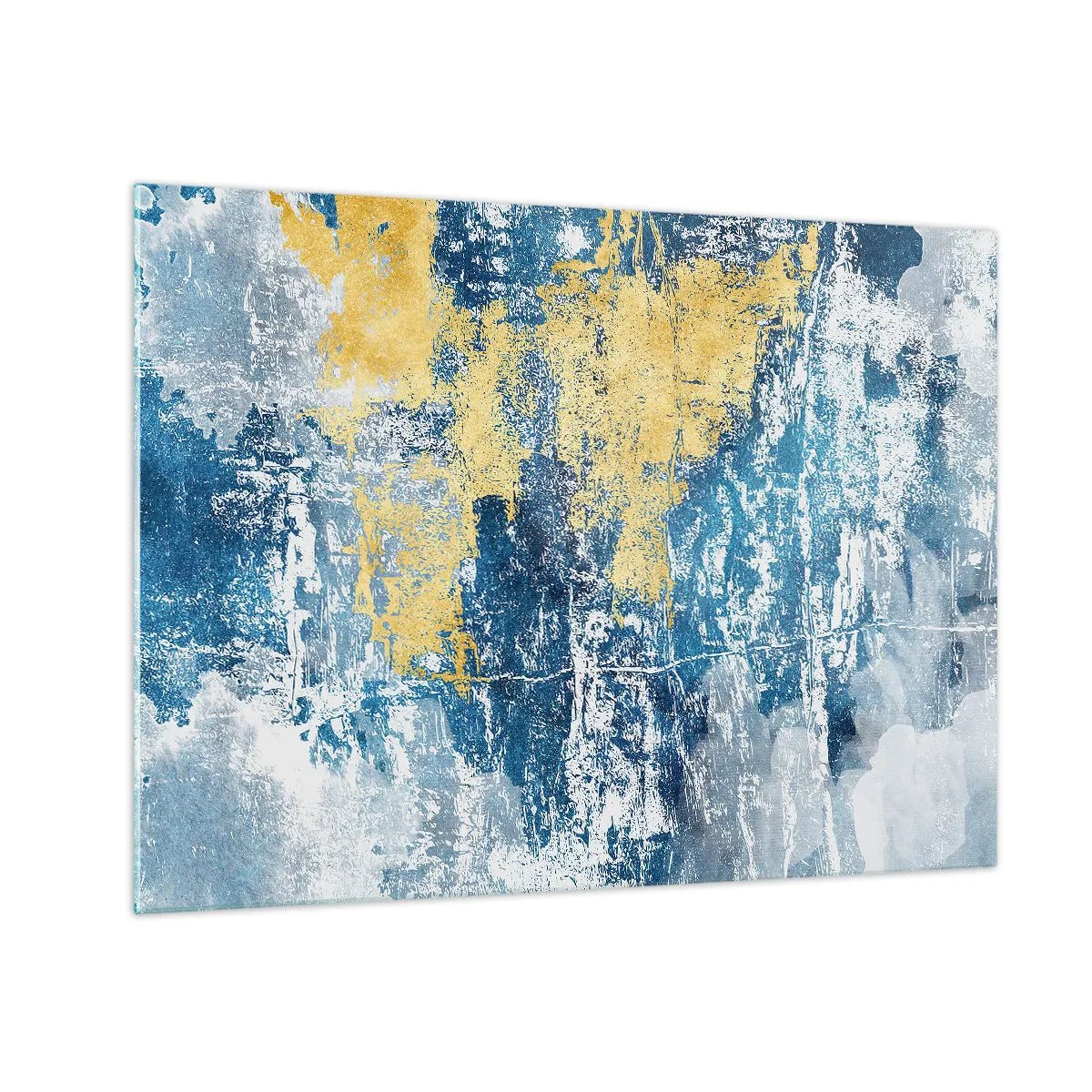 Obraz na skle - Modrá a žltá abstrakcia s efektom poškriabania a textúry - 70x50cm - Abstrakcia s dobrou náladou - Moderná nástenná dekorácia do obývacej izby a spálne ARTTOR