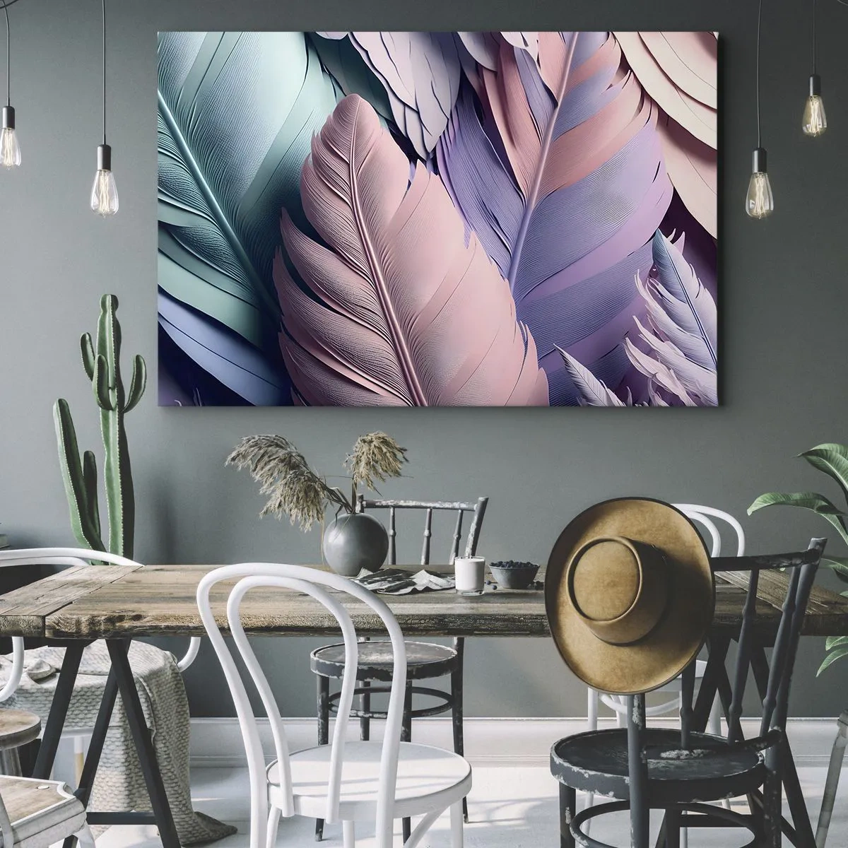 Obraz na plátne - Farebné perie v pastelových odtieňoch na svetlom pozadí - 70x50cm - Vtáčí štýl - Moderná nástenná dekorácia do obývacej izby a spálne ARTTOR