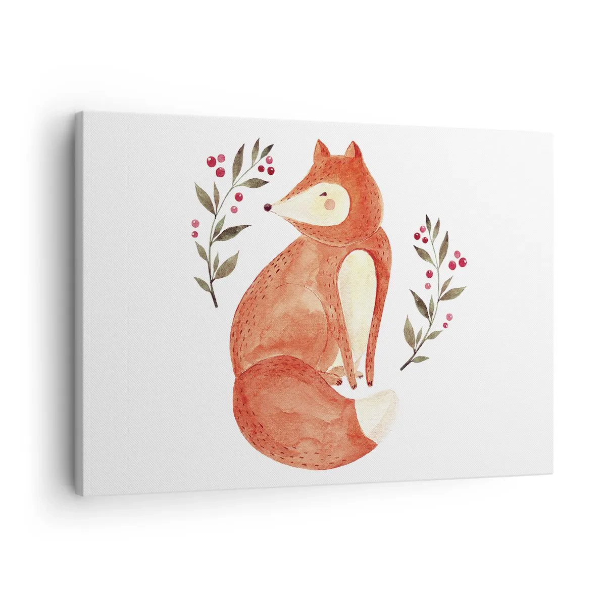 Obraz na plátne - Akvarelová líška obklopená vetvičkami s bobuľami - 70x50cm - Malý hrdzavec - Moderná nástenná dekorácia do obývacej izby a spálne ARTTOR