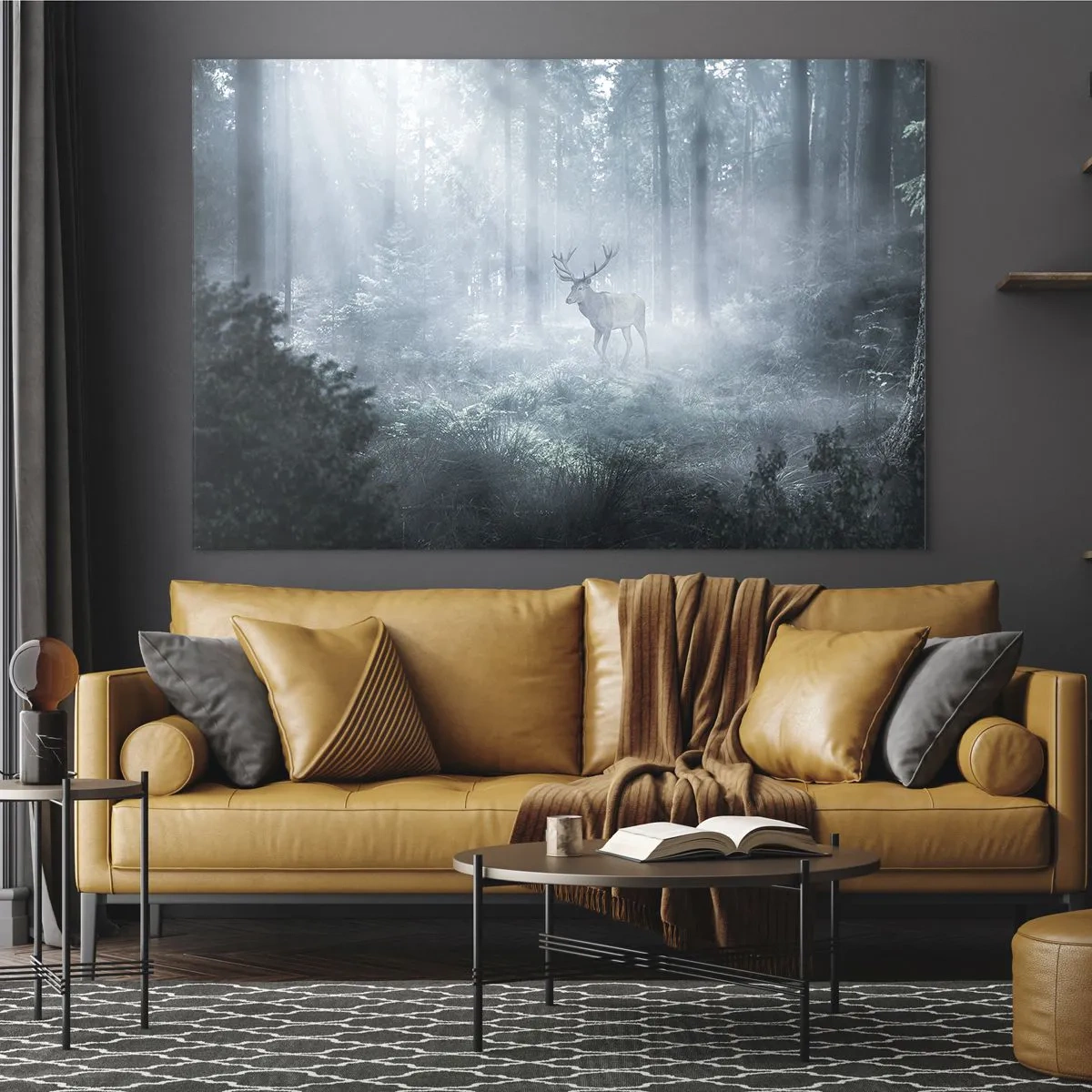 Obraz na skle - Jeleň v hmlistom lese osvetlenom lúčmi ranného slnka - 70x50cm - Ranná obchôdzka sídliska - Moderná nástenná dekorácia do obývacej izby a spálne ARTTOR