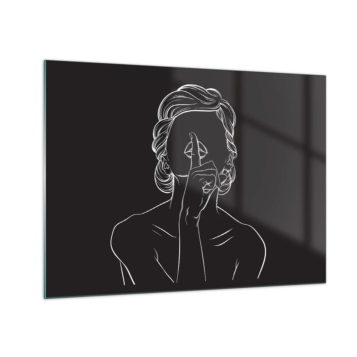 Obraz na skle - Minimalistická silueta ženy, ktorá robí gesto ticha. - 70x50cm - Krása rozkvitá v tichu - Moderná nástenná dekorácia do obývacej izby a spálne ARTTOR
