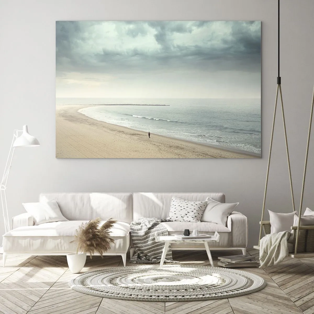 Obraz na skle - Postava prechádzajúca sa po prázdnej pláži pri pokojnom mori - 70x50cm - Hľadám pokoj - Moderná nástenná dekorácia do obývacej izby a spálne ARTTOR