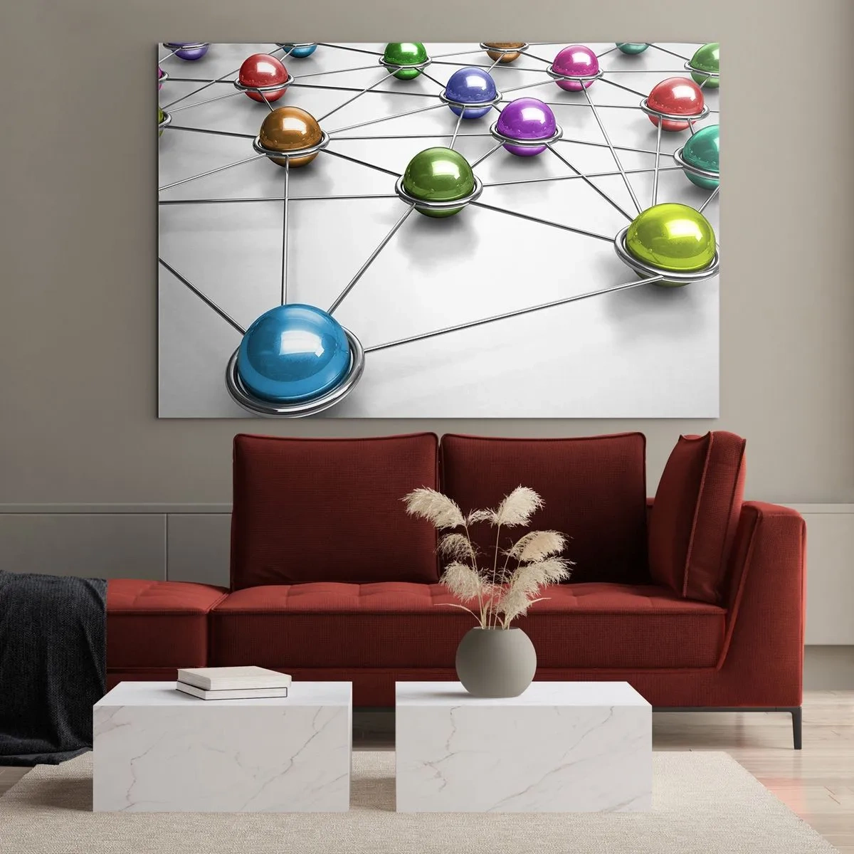 Obraz na skle - Farebné gule spojené čiarami na svetlom pozadí - 70x50cm - Vesmírna pavučina - Moderná nástenná dekorácia do obývacej izby a spálne ARTTOR