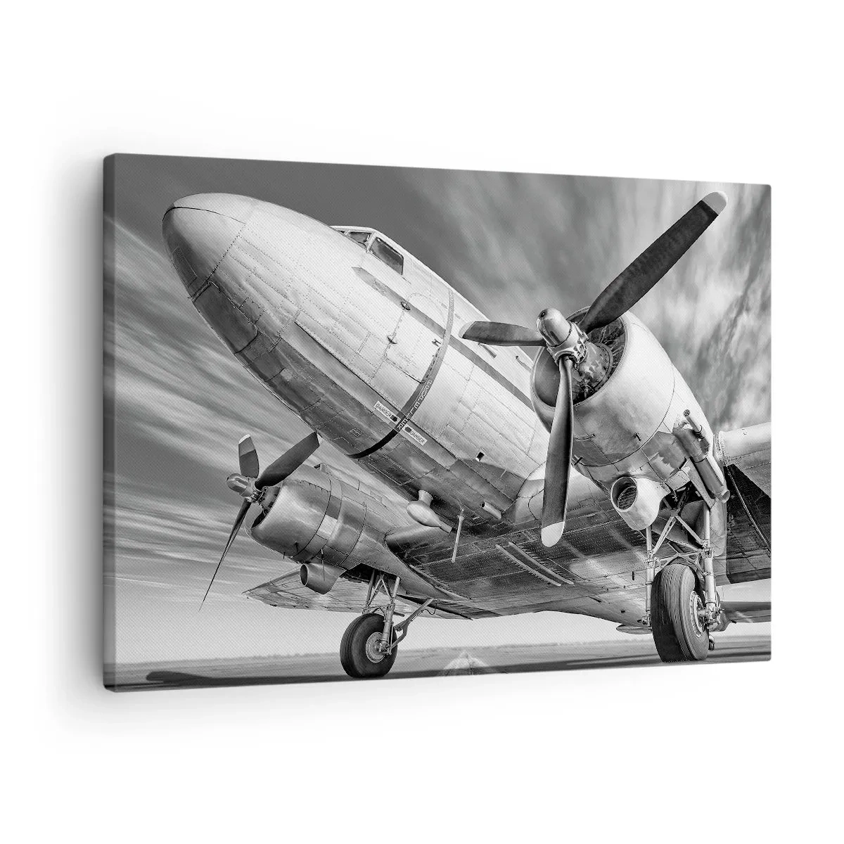 Obraz na plátne - Čiernobiely obrázok klasického lietadla s viditeľnými štrukturálnymi detailmi. - 70x50cm - Vždy pripravený na let - Moderná nástenná dekorácia do obývacej izby a spálne ARTTOR