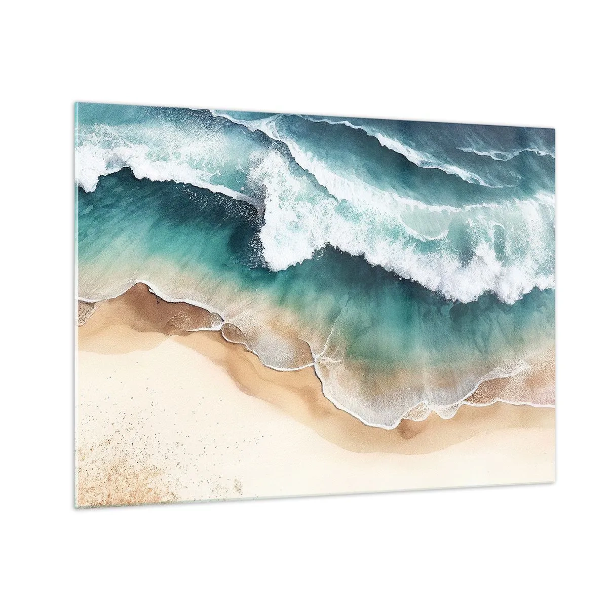 Obraz na skle - Oceánske vlny narážajúce na zlatistú piesočnatú pláž - 70x50cm - Odveké stretnutie - Moderná nástenná dekorácia do obývacej izby a spálne ARTTOR