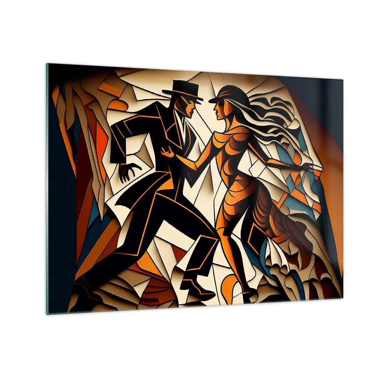 Obraz na skle - Štylizovaný pár tancujúci v dynamickej abstraktnej forme. - 70x50cm - Tanec vrelosti a vášne - Moderná nástenná dekorácia do obývacej izby a spálne ARTTOR