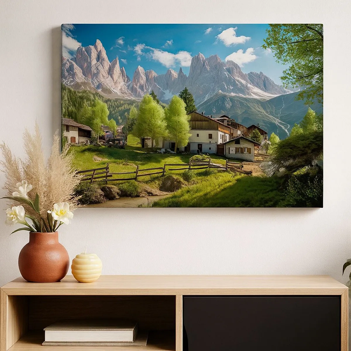 Obraz na plátne - Horská dedinka s domami a výhľadom na Alpy - 70x50cm - Alpská idyla - Moderná nástenná dekorácia do obývacej izby a spálne ARTTOR