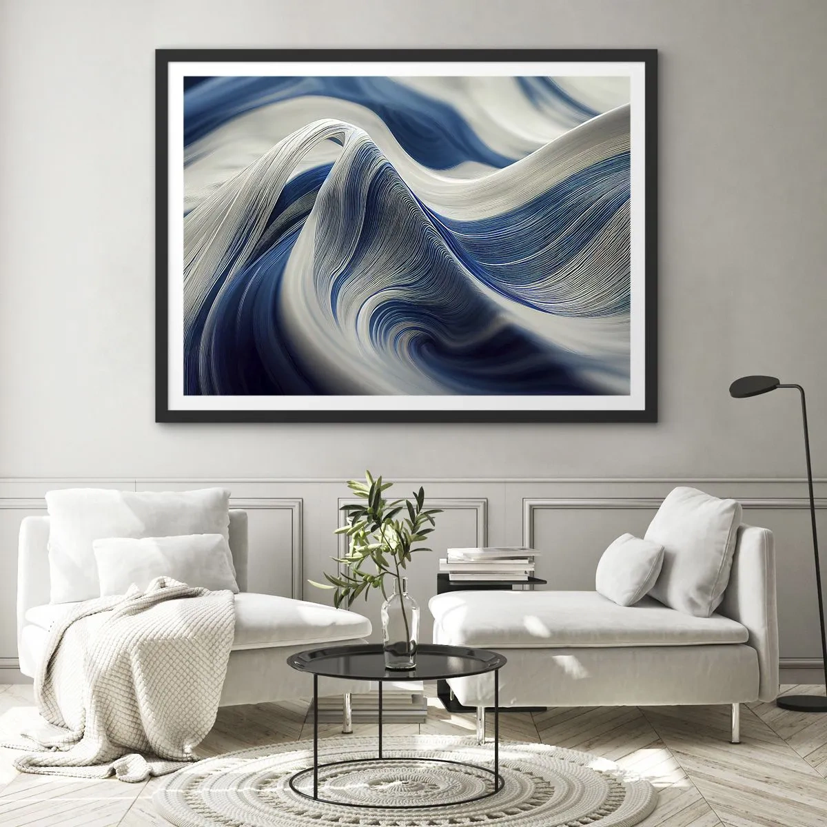 Plagát v čiernom ráme - Plynulosť modrej a bielej - 70x50 cm