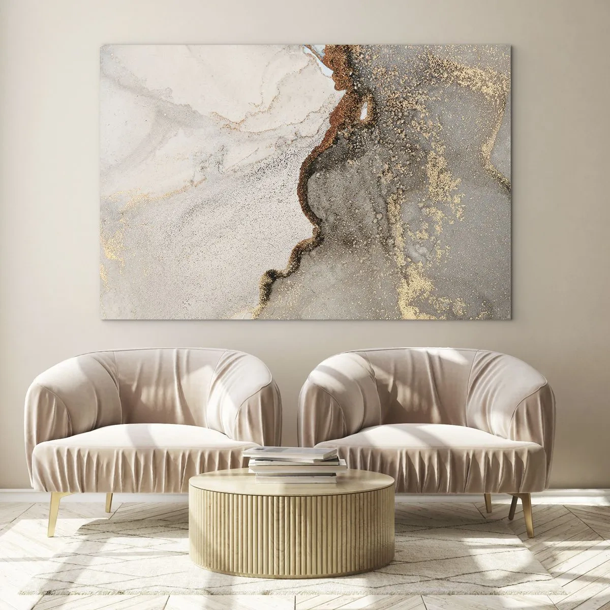 Obraz na skle - Abstraktná kompozícia s béžovou, zlatou a grafitom - 70x50cm - Na hranici farieb - Moderná nástenná dekorácia do obývacej izby a spálne ARTTOR