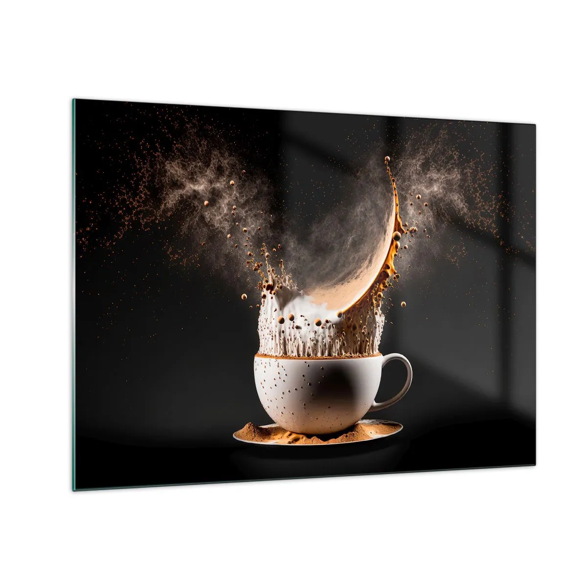 Obraz na skle - Dynamický záber striekania kávy s mliekom - 70x50cm - Explózia chuti - Moderná nástenná dekorácia do obývacej izby a spálne ARTTOR