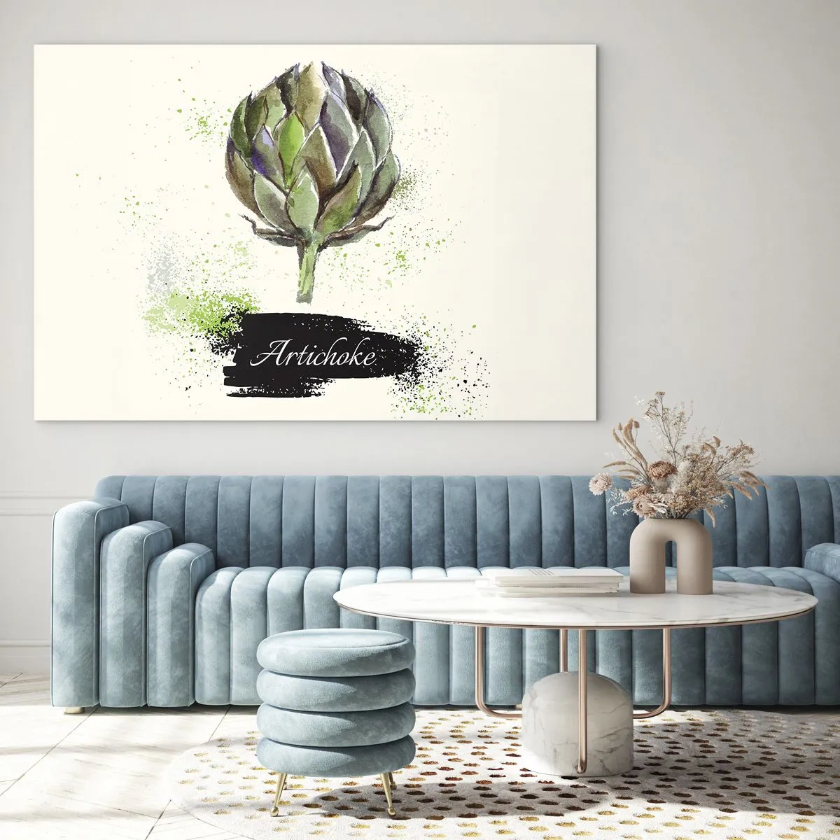 Obraz na skle - Akvarelová grafika artičoky s napísaným slovom Artichoke - 70x50cm - Nech žije zelenina! - Moderná nástenná dekorácia do obývacej izby a spálne ARTTOR
