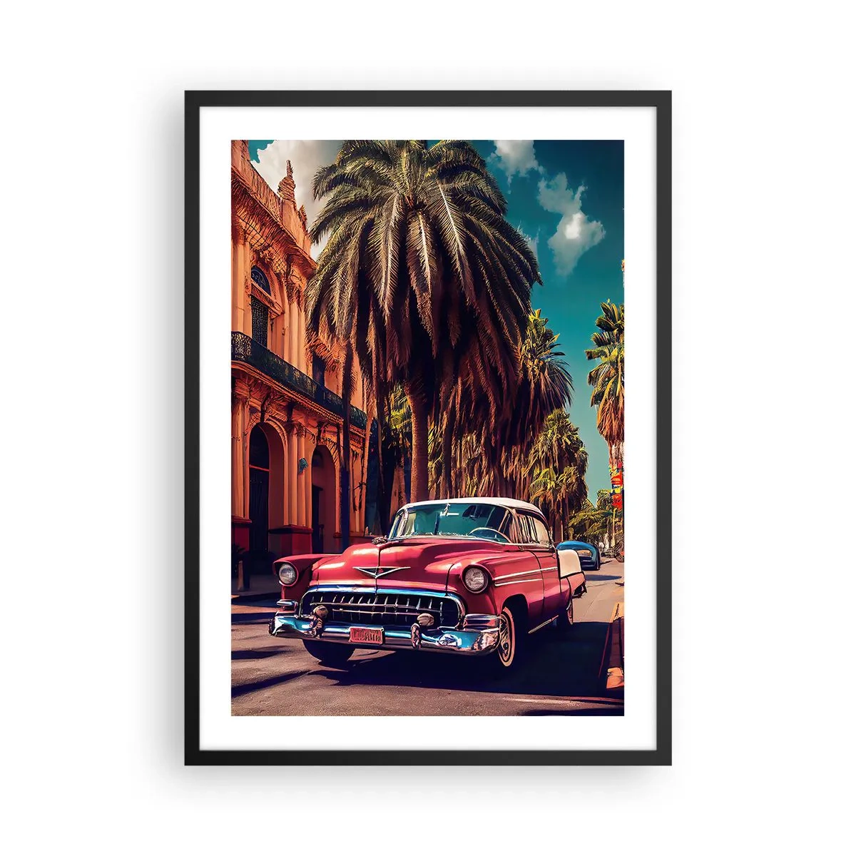 Plagát v čiernom ráme - Klasické auto na pozadí tropického mesta - 50x70cm - Stále ešte v Havane - Moderná nástenná dekorácia do obývacej izby a spálne ARTTOR