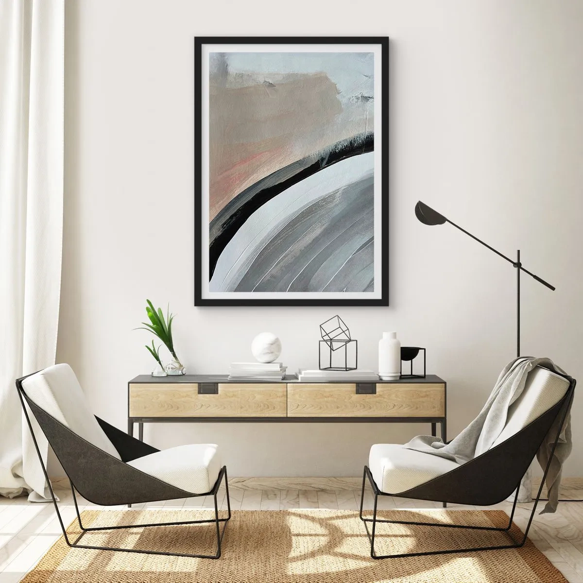 Plagát v čiernom ráme - Abstraktná kompozícia s čiarami v odtieňoch sivej a béžovej. - 50x70cm - Kompozícia: čierny a šedý oblúk - Moderná nástenná dekorácia do obývacej izby a spálne ARTTOR