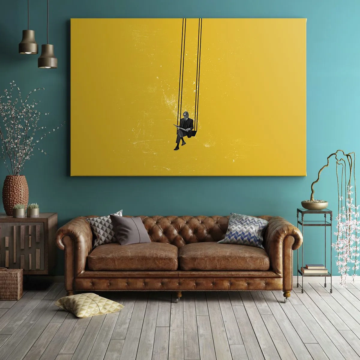Obraz na plátne - Osoba na hojdačke na intenzívnom žltom pozadí - 70x50cm - Deň ako každý iný - Moderná nástenná dekorácia do obývacej izby a spálne ARTTOR