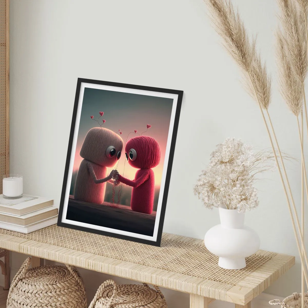 Plagát v čiernom ráme - Rozkošné postavičky z priadze držiace sa za ruky - 50x70cm - Každý môže milovať - Moderná nástenná dekorácia do obývacej izby a spálne ARTTOR