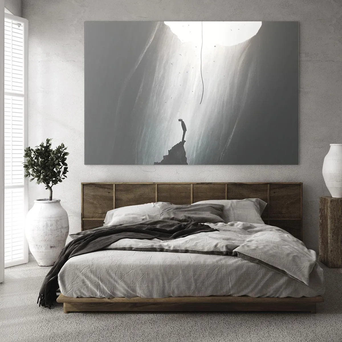 Obraz na skle - Muž stojaci v tme na úpätí svetielkujúceho východu nad priepasťou - 70x50cm - Vždy máte na výber - Moderná nástenná dekorácia do obývacej izby a spálne ARTTOR