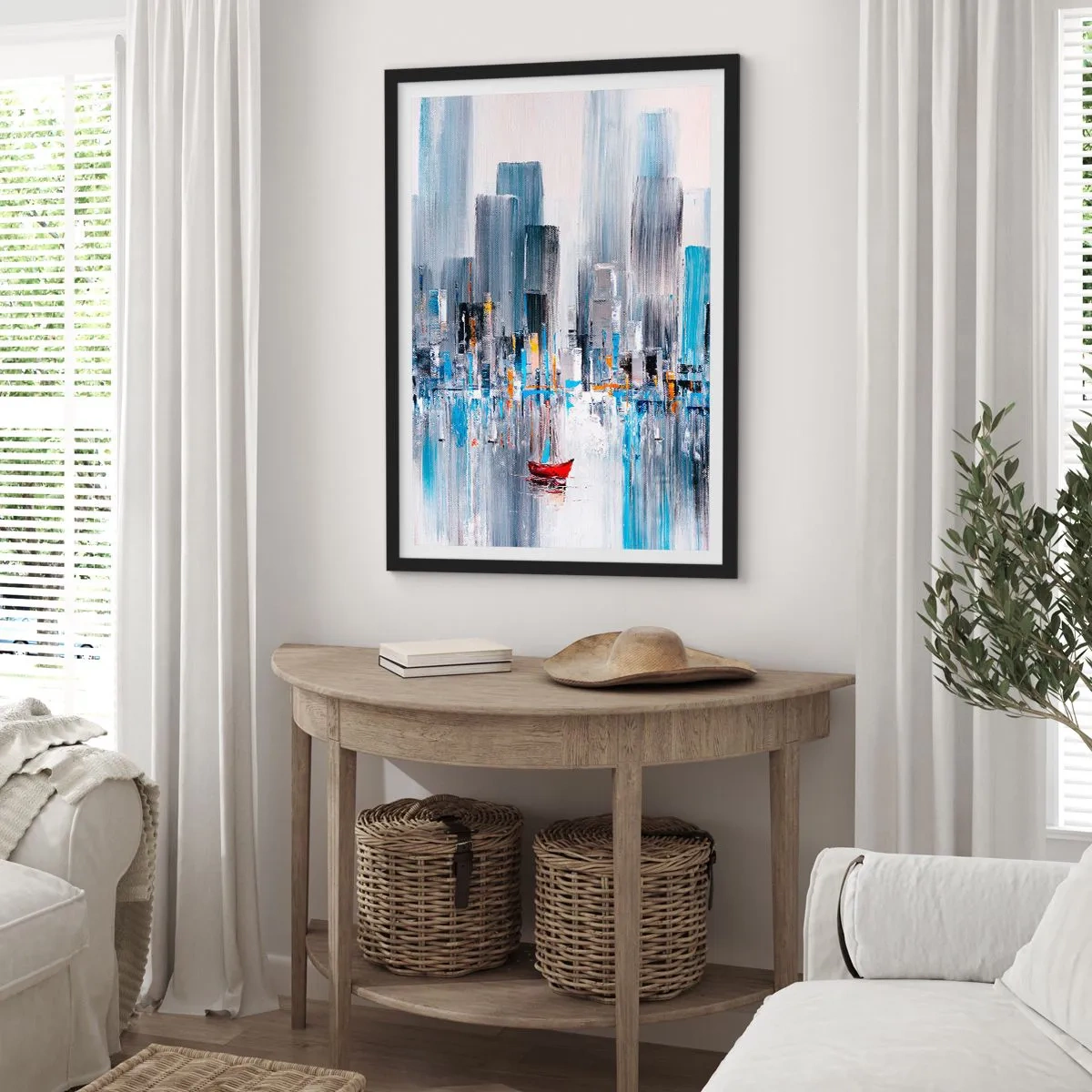 Plagát v čiernom ráme - Abstraktný obraz zobrazujúci panorámu mesta nad vodou s červenou loďkou. - 50x70cm - Metropola pri zálive - Moderná nástenná dekorácia do obývacej izby a spálne ARTTOR