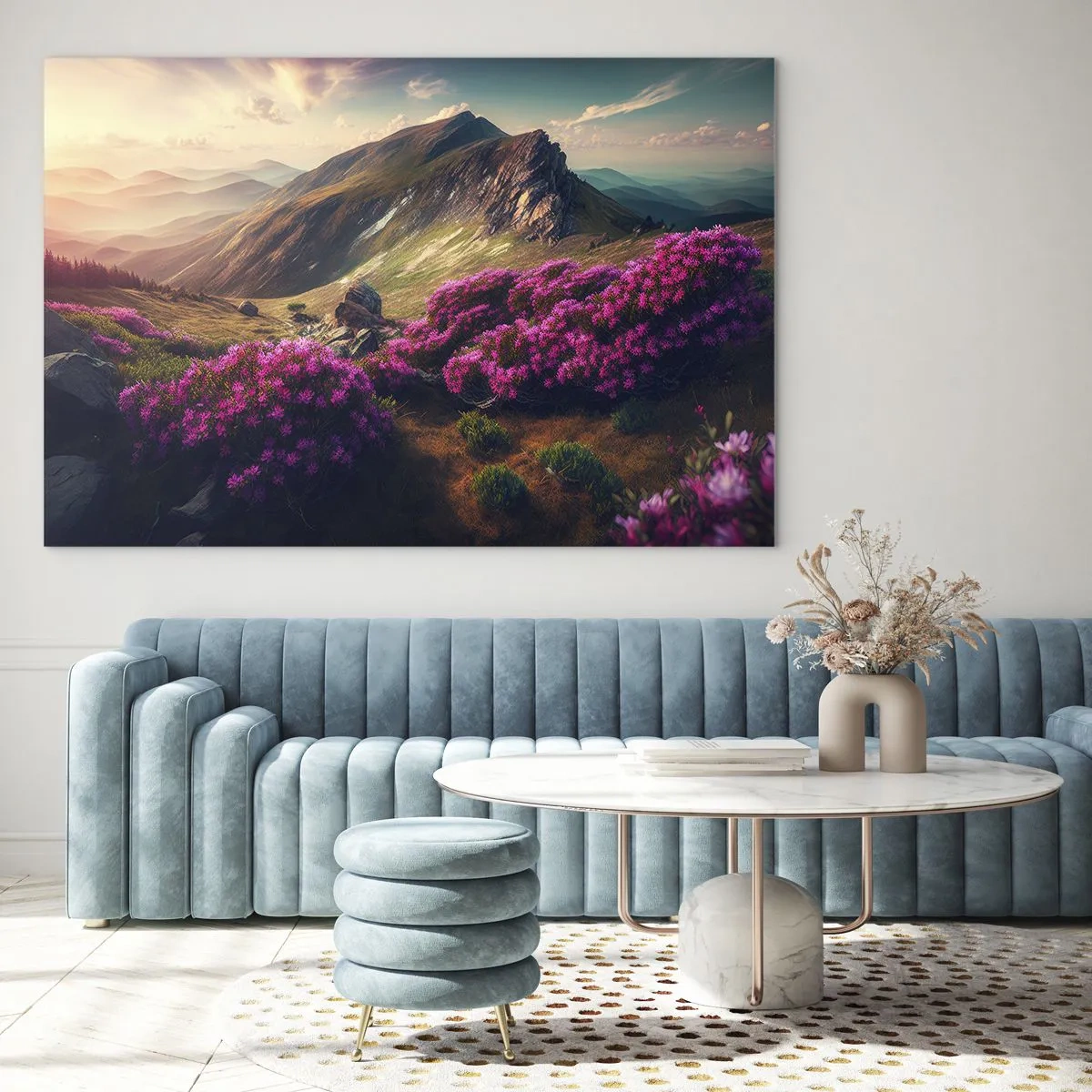 Obraz na skle - Letná horská krajina s kvitnúcim ružovým vresom - 70x50cm - Leto na horách - Moderná nástenná dekorácia do obývacej izby a spálne ARTTOR