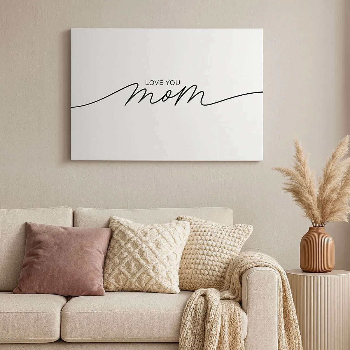 Obraz na plátne - Minimalistický nápis Love You Mom na bielom pozadí - 70x50cm - Veľké dojatie - Moderná nástenná dekorácia do obývacej izby a spálne ARTTOR