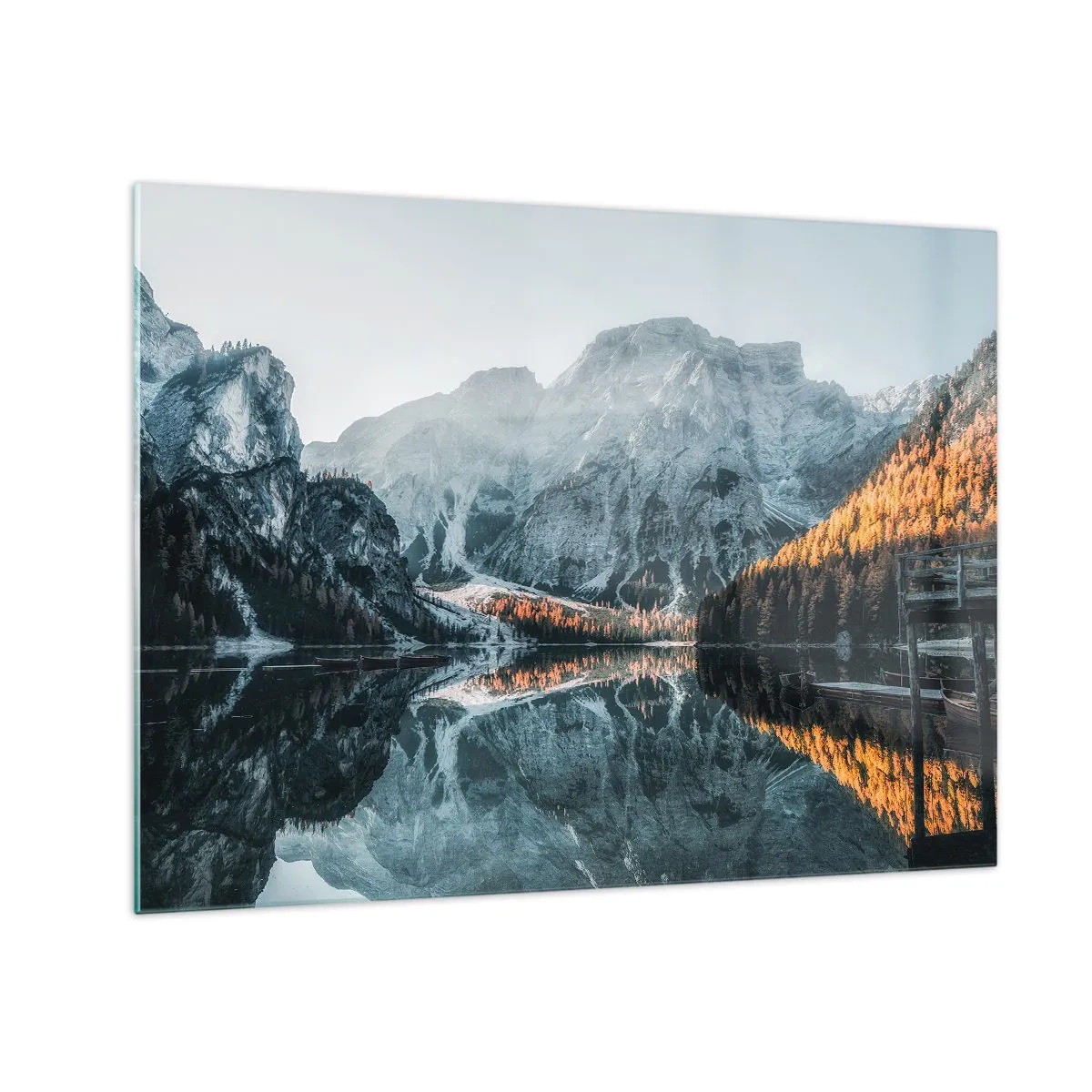 Obraz na skle - Horská krajina odrážajúca sa v pokojnej hladine jazera - 70x50cm - Zrkadlová krajina - Moderná nástenná dekorácia do obývacej izby a spálne ARTTOR