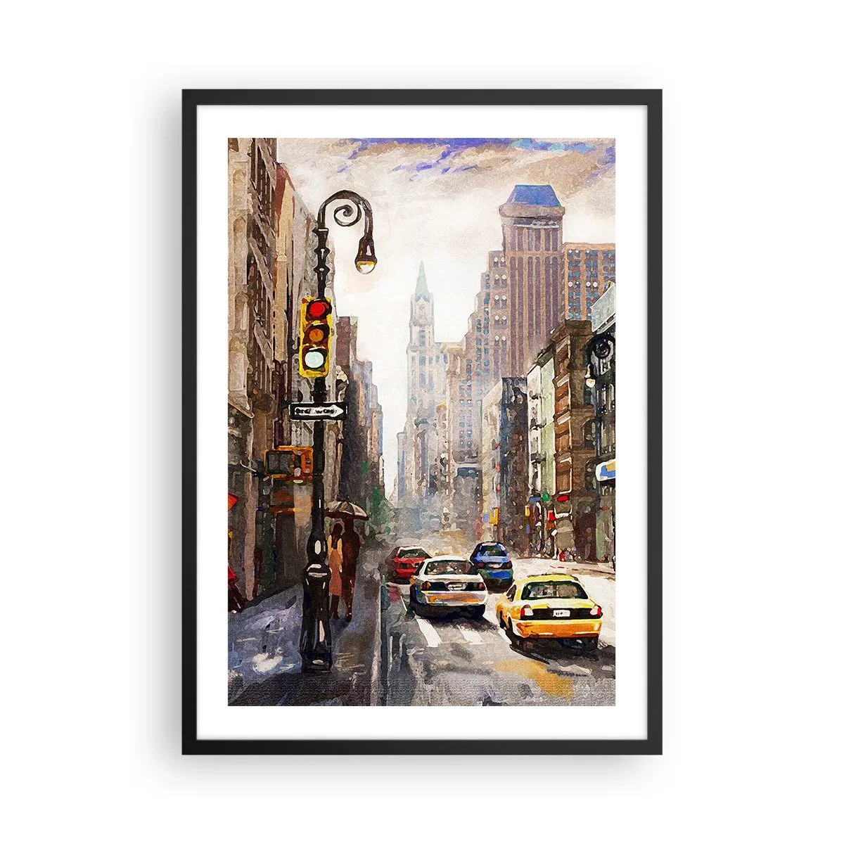 Plagát v čiernom ráme - Mestská ulica s autami a semaformi - 50x70cm - New York – farebný aj v daždi - Moderná nástenná dekorácia do obývacej izby a spálne ARTTOR