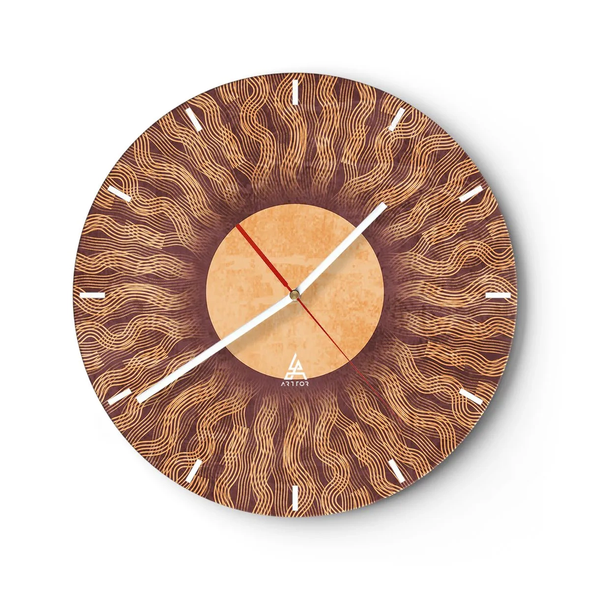 Nástenné hodiny - Slnečné hodiny so žiarivým vzorom v teplých farbách - 30x30cm - Ikona slnka - Moderná nástenná dekorácia do obývacej izby, kuchyne a spálne ARTTOR